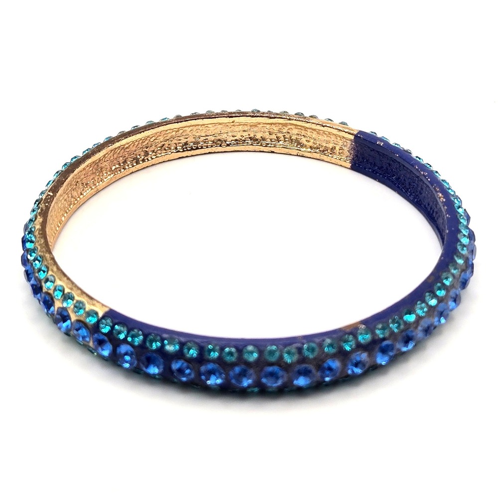 Blue Teal Rhinestone Bangle Bracelet Gold Tone Enamel Three Row‎ Crystal 8.25"